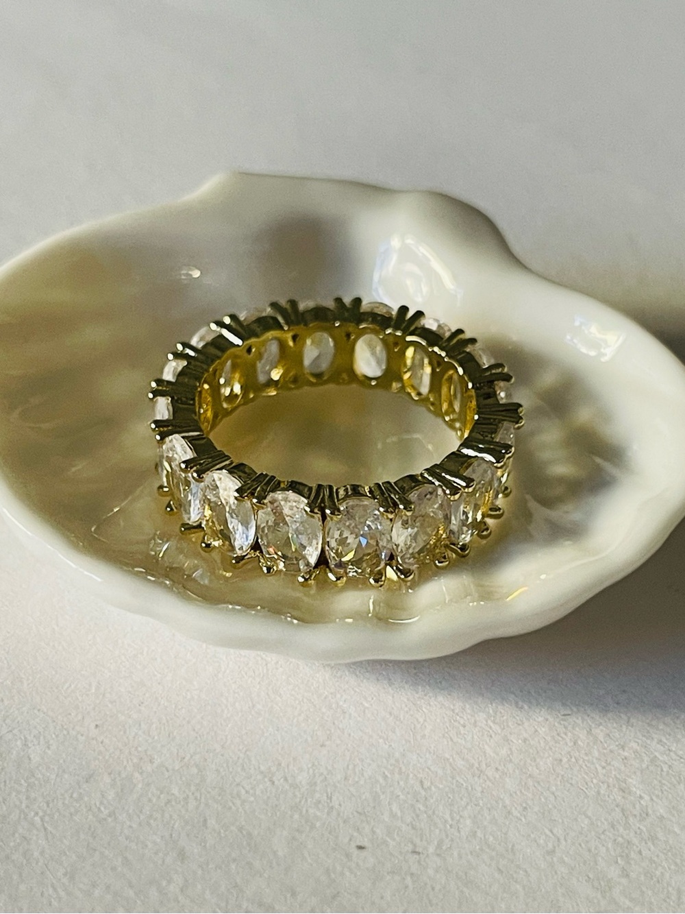 Gold Crystal Eternity Band Ring w Sparkling Clear oval Stones